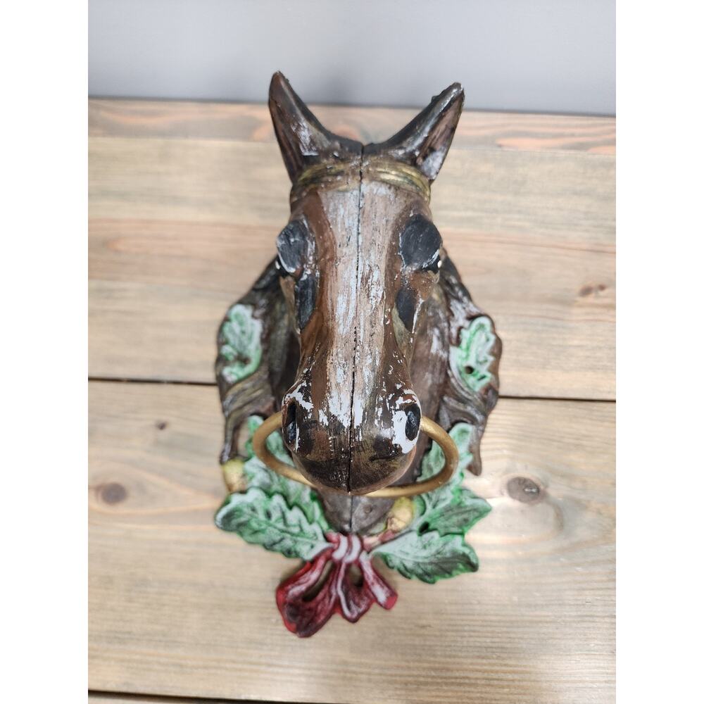 Vintage Large Cast Iron Horse Head Hand Painted Door Knocker or Tie Ring - 11"